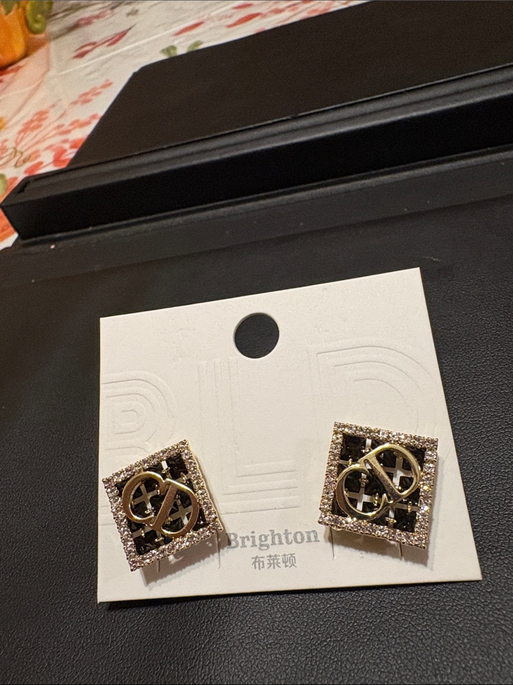Brighton Gold and Black Square Logo Crystal Stud Earrings